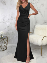 Sleeveless Ruched Split Maxi Dresses