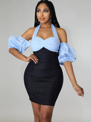 Denim Patchwork Off Shoulder Minikleider