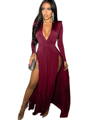 Langärmliges Maxikleid mit tiefem V-Ausschnitt und hoher Taille und Schlitz