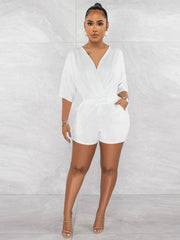 V Neck Short Sleeve High Waist Drawstring JumpSuit