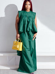 Ruffle Sleeve Shirt and Wide-Leg Pants Set