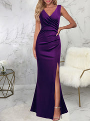 Sleeveless Ruched Split Maxi Dresses