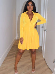 V Neck Long Sleeve Velvet Ruched Midi Dresses