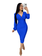 Deep V Neck Long Sleeve Bodycon Ruched Midi Dresses