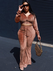 Two Piece Velvet Crop Top & Wide Leg Pants