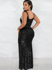 Vestidos largos ajustados con abertura y sin mangas con lentejuelas