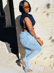 Tops cortos de mezclilla sin mangas con botones