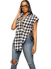 Plaid Print Strappy Irregular Sleeveless Shirt