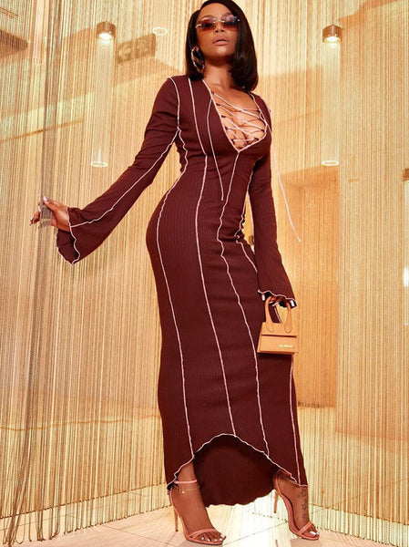 Long flared sleeve contrast zip-up lace self tie maxi dress