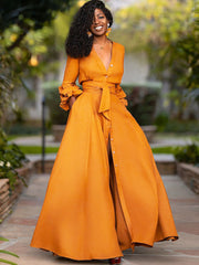 Long Sleeve V Neck Solid Maxi Dresses