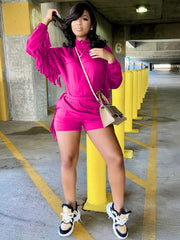 High Collar Long Sleeve Fringe Crop Top & High Waist Shorts