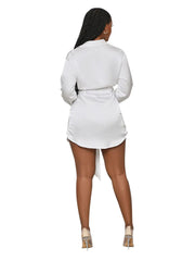 Langärmliges Revers V-Ausschnitt Knopf Geraffte Mini-Hemdkleider