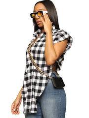 Plaid Print Strappy Irregular Sleeveless Shirt