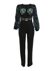 Patchwork-Overall mit Pailletten und Laternenärmeln aus Netzstoff