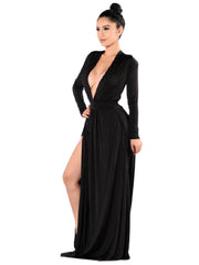 Langärmliges Maxikleid mit tiefem V-Ausschnitt und hoher Taille und Schlitz