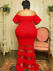 Vestidos largos ajustados con retazos de malla y hombros descubiertos