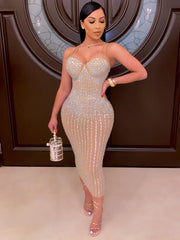 Rhinestone Spaghetti Strap Midi Dresses