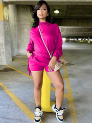 High Collar Long Sleeve Fringe Crop Top & High Waist Shorts