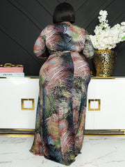 Vestidos maxi de manga larga con estampado de hojas en tallas grandes