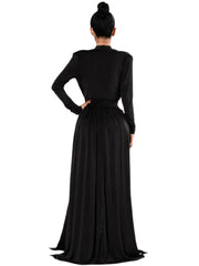 Langärmliges Maxikleid mit tiefem V-Ausschnitt und hoher Taille und Schlitz