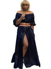 Schulterfreies Maxikleid mit Puffärmeln und hohem Schlitz und Knopfleiste