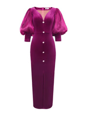 Vestidos midi con abertura y retazos de malla y mangas farol