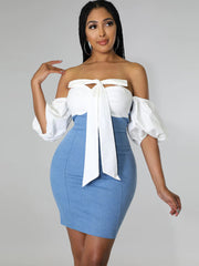 Denim Patchwork Off Shoulder Minikleider
