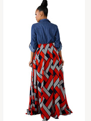 Vestidos largos de mezclilla con mangas largas y patchwork a cuadros