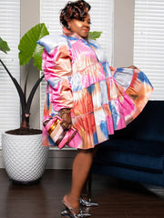 Long Sleeve Tie Dye Ruffle Mini Dresses