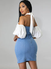 Denim Patchwork Off Shoulder Minikleider
