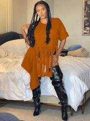 Round Neck Tassel Irregular Loose Shirts