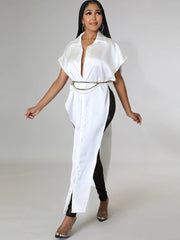 Camisa larga holgada lisa con cuello en V de seda de imitación