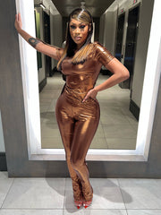 Zweiteiliges, figurbetontes Oberteil in Bronzing-Optik und lange Hose