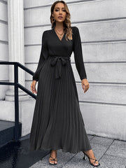 Long Sleeves Belted Pleated Maxi Dresses