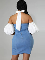 Denim Patchwork Off Shoulder Minikleider