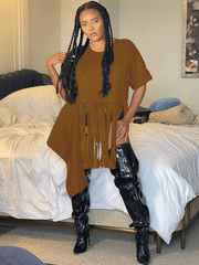 Round Neck Tassel Irregular Loose Shirts