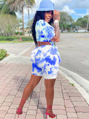 Tops y pantalones cortos tie-dye de manga corta de dos piezas