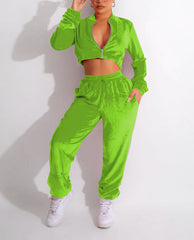 Two Piece Zipper Crop Top & Long Pants