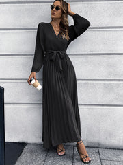 Long Sleeves Belted Pleated Maxi Dresses