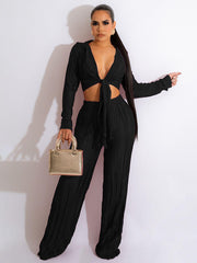Two Piece Tie Up Ruched Wide Leg Outfits
