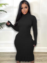 Turtle Neck Long Sleeve Backless Ruffle Midi Dresses