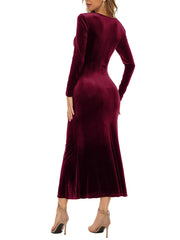 Vestidos midi fruncidos con cuello en V y manga larga