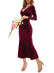 Vestidos midi fruncidos con cuello en V y manga larga
