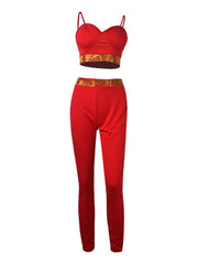 Two Piece Sleeveless Rhinestone Patchwork Pant Suits