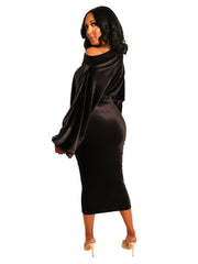 Velvet One Shouler Lantern Sleeve Midi Dresses