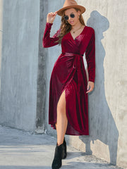 Long Sleeves Velvet Side Split Midi Dresses