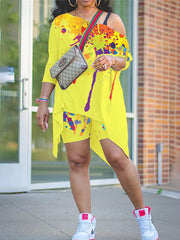 Two Piece One Shoulder T-Shirt Bodycon Shorts Set