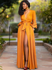 Long Sleeve V Neck Solid Maxi Dresses