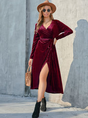 Long Sleeves Velvet Side Split Midi Dresses