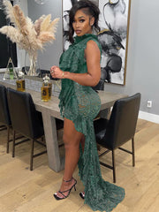 Minivestidos asimétricos con volantes y sin mangas de encaje